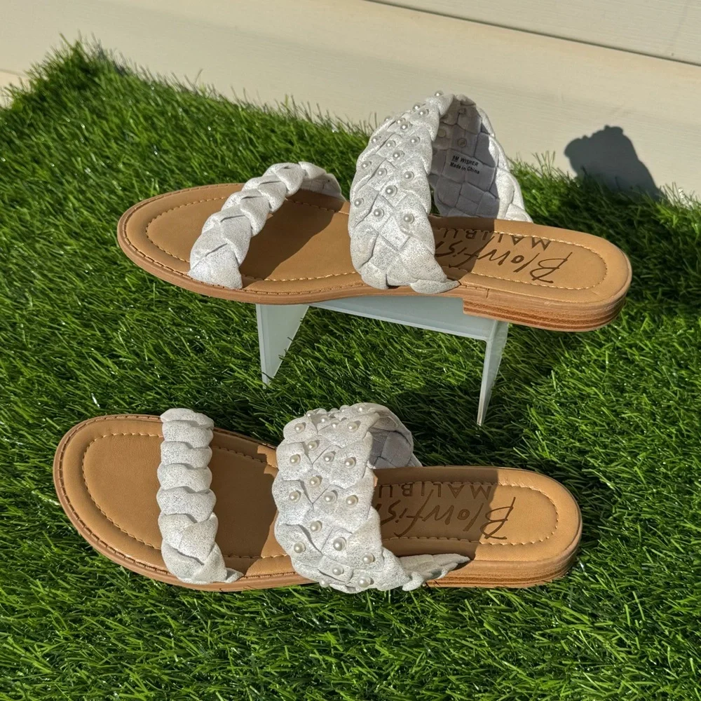 Blowfish Malibu Wisher Women’s 9M Metallic White Braided Pearl Slide Sandals